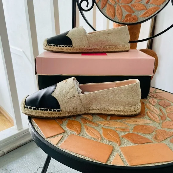🍀KATE SPADE Garden Black Leather & Natural Canvas Espadrilles - Picture 4 of 6